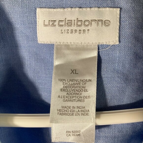 Womens Liz Claiborne Linen Button Shirt Short Sleeve Lace Detail Collar XL Blue - Picture 7 of 8